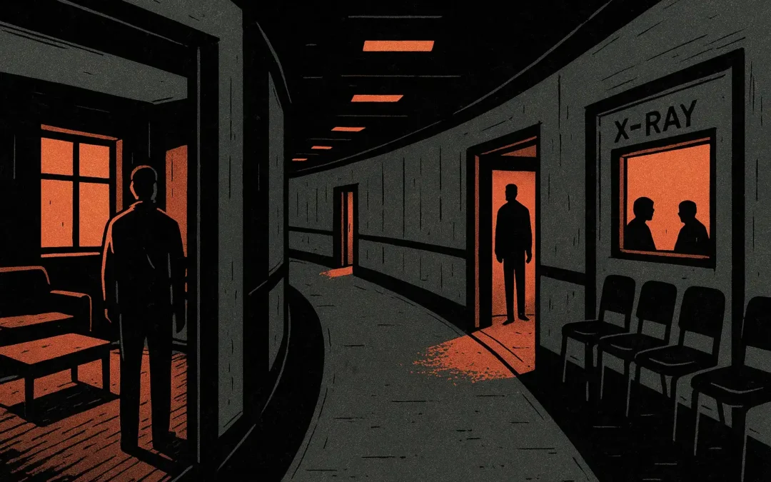 A graphic novel-style illustration showing three symbolic spaces: a dimly lit flat with a single chair, a curving corridor fading into darkness, and a surreal X-ray waiting room with shadowy figures.
