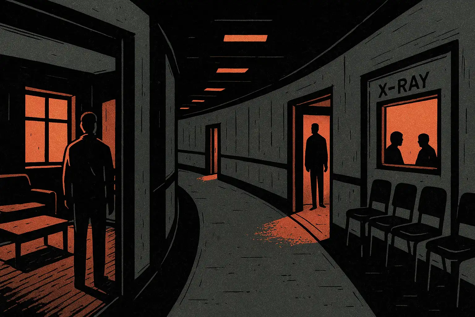 A graphic novel-style illustration showing three symbolic spaces: a dimly lit flat with a single chair, a curving corridor fading into darkness, and a surreal X-ray waiting room with shadowy figures.