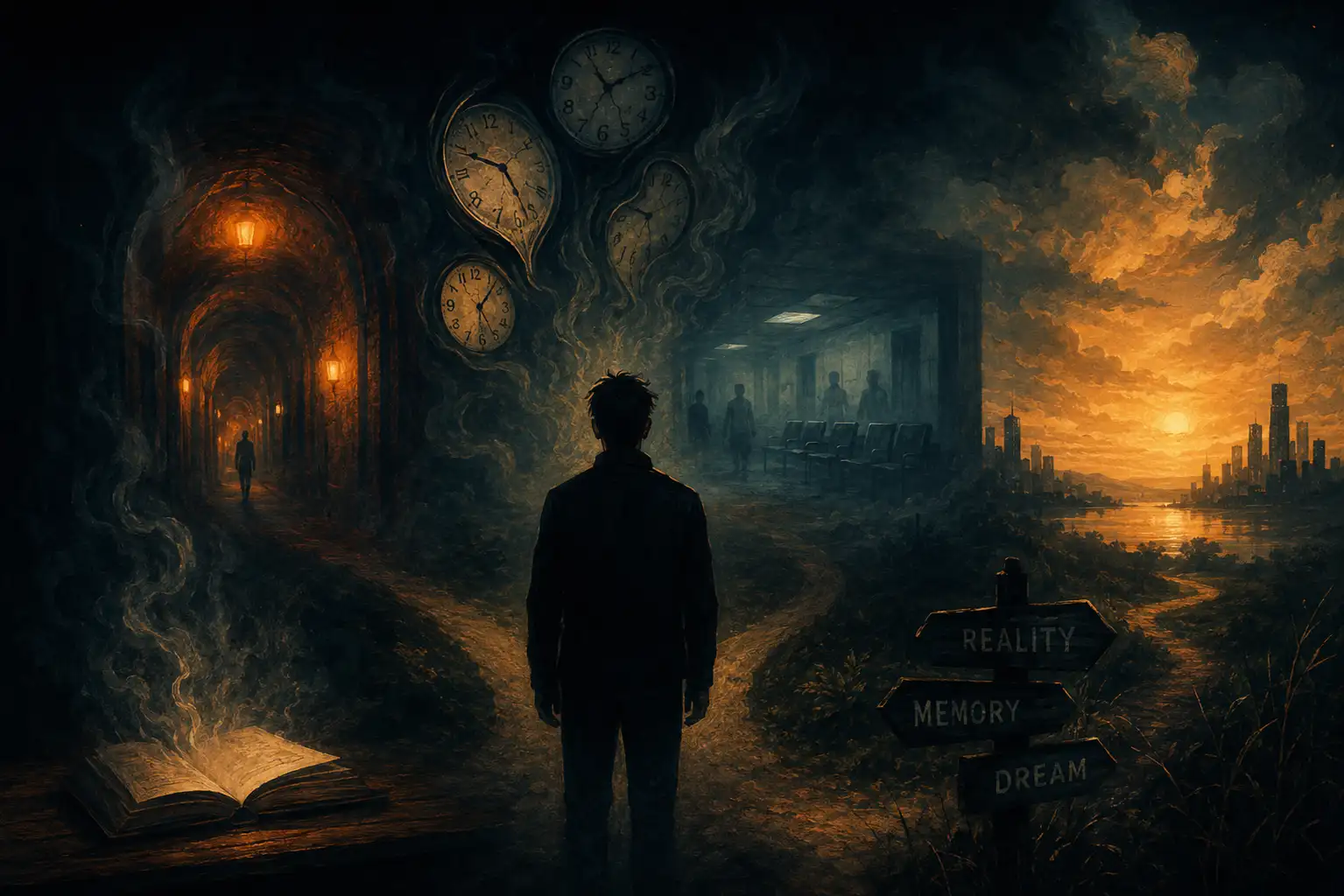Surreal illustration representing derealisation, memory and dreams inspired by the themes of Paul M. Newbery's novel Dreams Don't Always End.