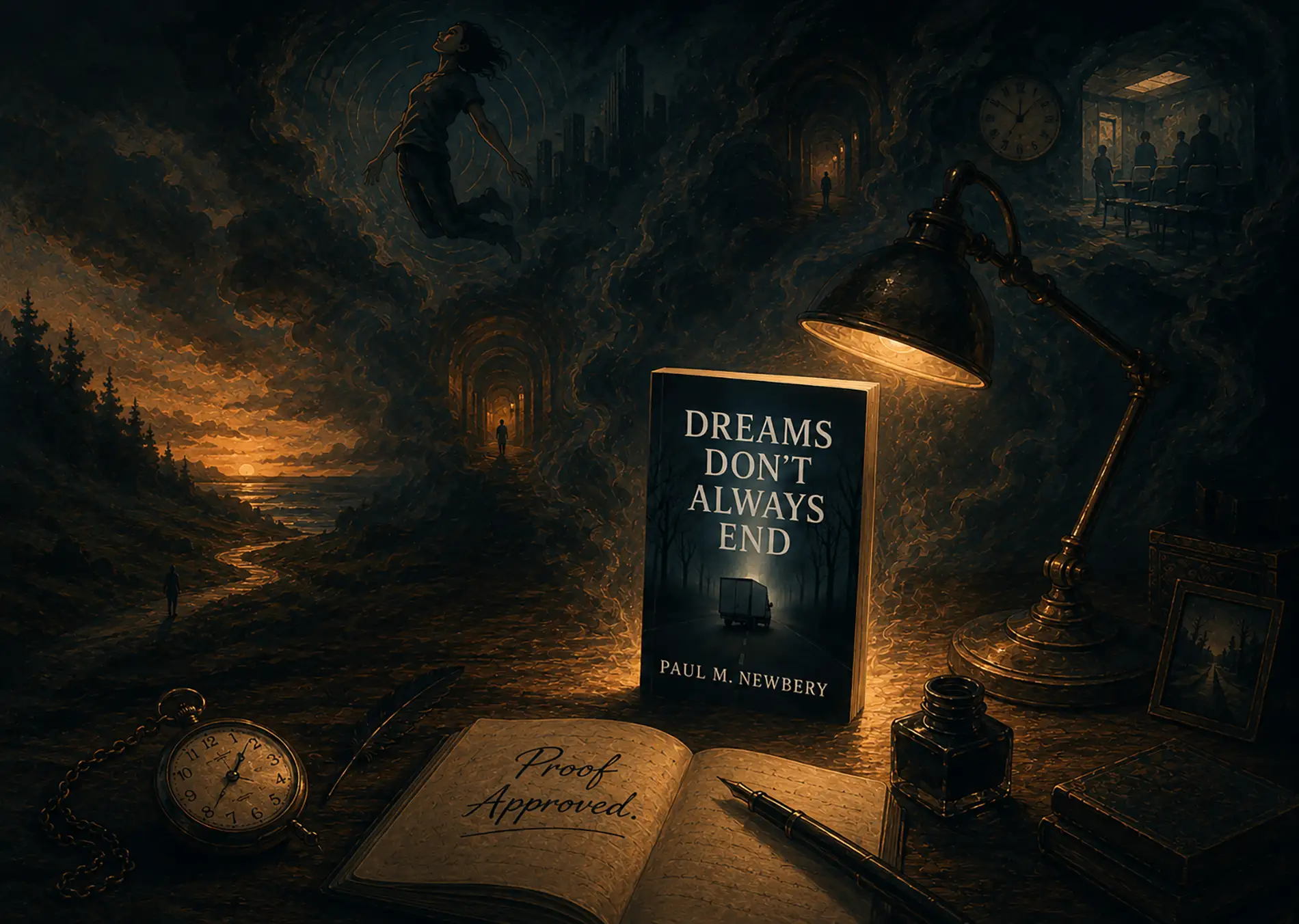 Dreams Don't End paperback book cover announcing the upcoming release, inspired by dreams, lucid dreaming, and the mysteries of the subconscious.