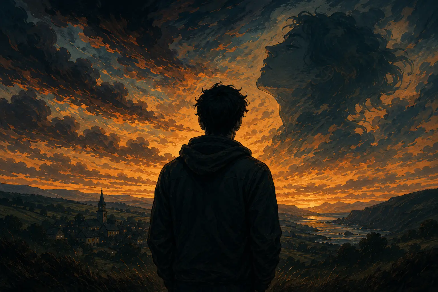 Illustrated artwork of a solitary figure overlooking a quiet landscape at sunset, with a dreamlike face emerging from the clouds, symbolising the blurred boundary between reality and dreams.