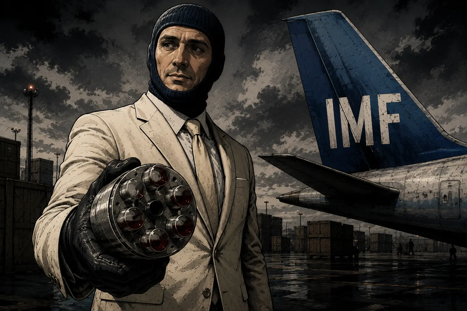 Illustration of the Blood Collector in a cream suit holding a revolver-style blood vial collector beside an aircraft with an IMF tail