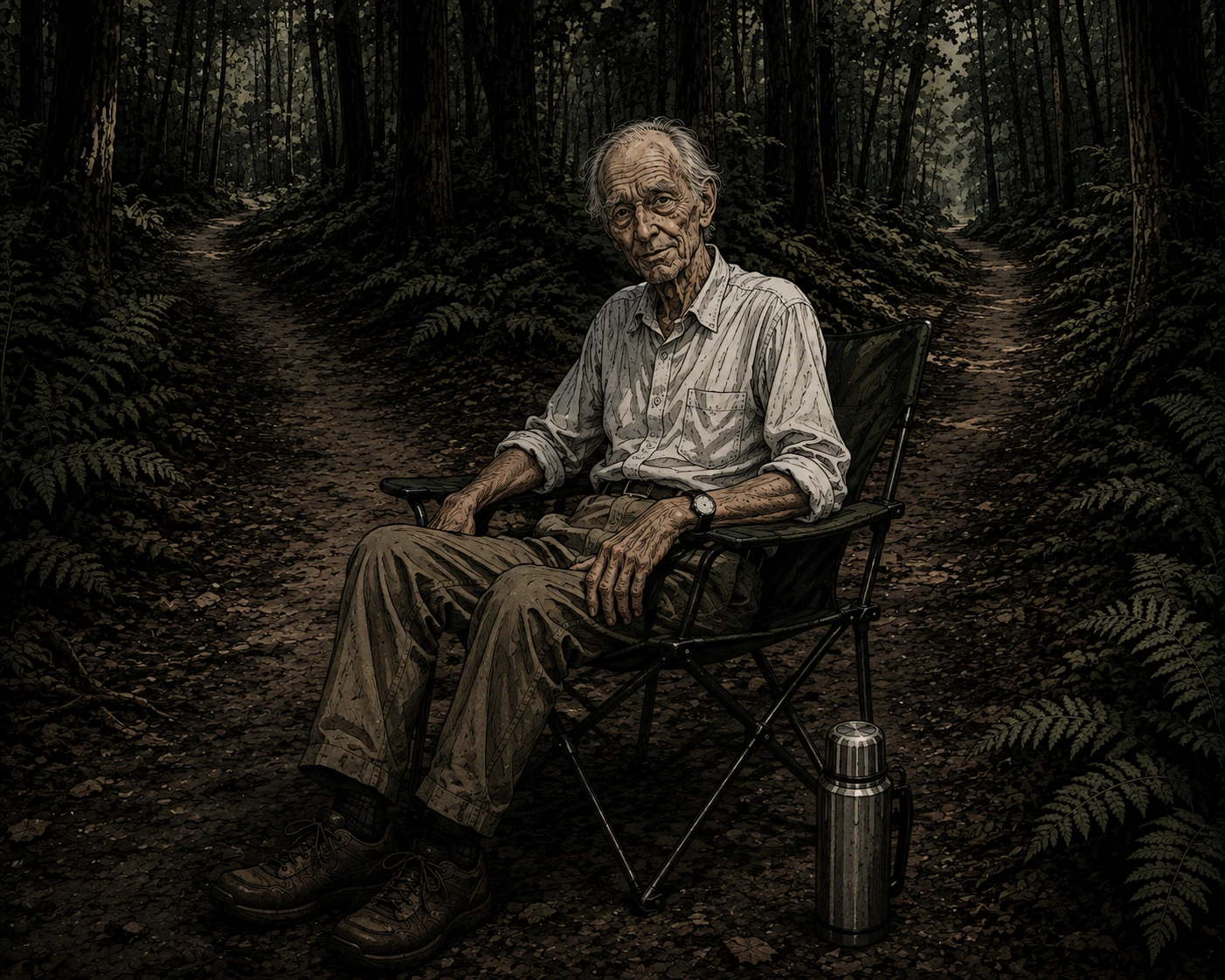An elderly man sitting in a camping chair at a fork in a woodland path surrounded by ferns.