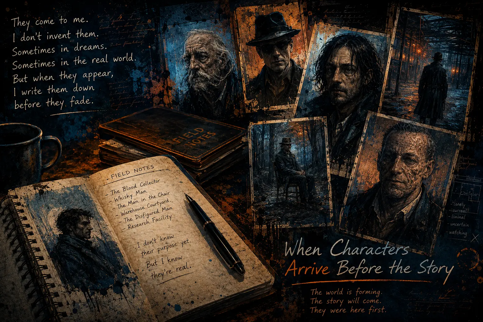 Dark graphic novel illustration of a writer's field notes surrounded by mysterious characters emerging before their stories are written.