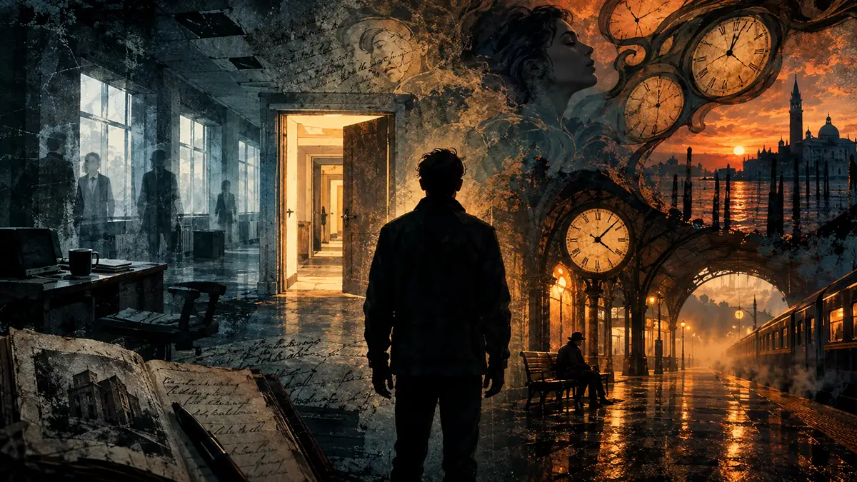 When Places Remember Us – Memory, Dreams and Liminal Spaces A silhouetted man stands between an abandoned office filled with ghostly figures and a warmly lit railway station, surrounded by clocks and fading memories, symbolising liminal spaces and the blurred boundary between dreams and reality.